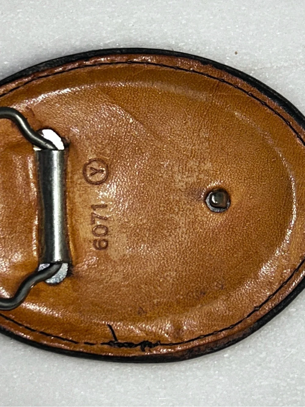 Vintage ~Hand-Tooled Brown Floral Leather Backstitching Belt Buckle W/Red Inlay